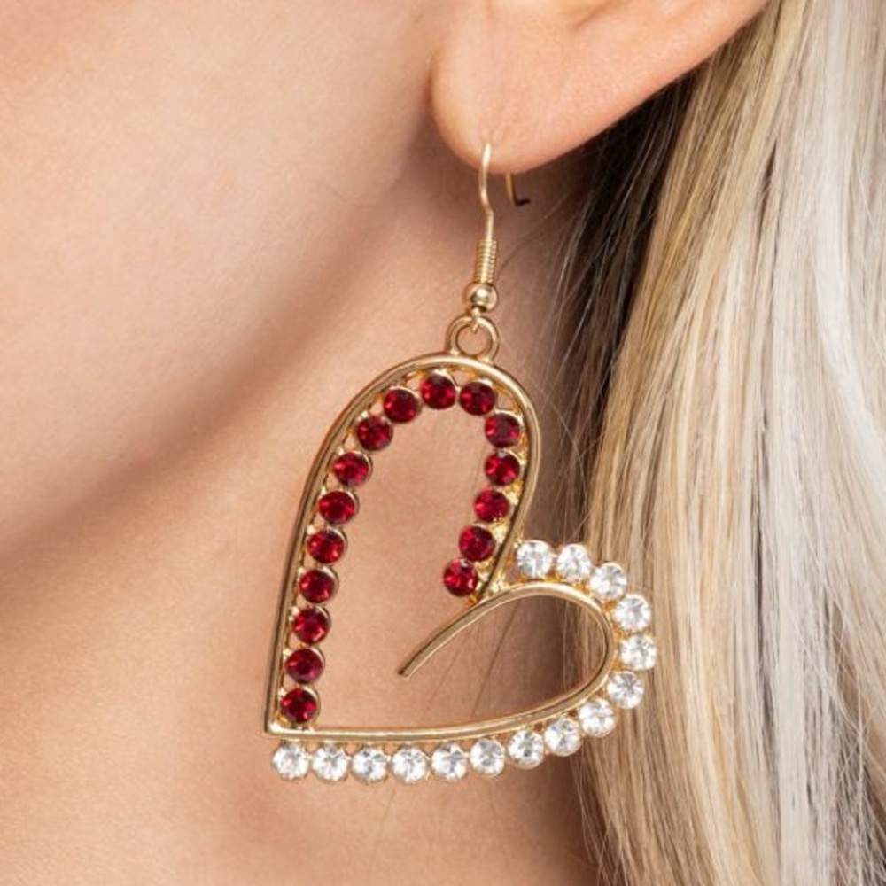 NWT Gold/Red Rhinestones Heart Earrings(Last One)